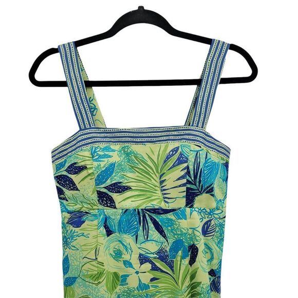 80's Tropical Cotton Tiered Ruffle Drop Waist Prairie Apron Dress‎ Green Sz 8 - Picture 8 of 11